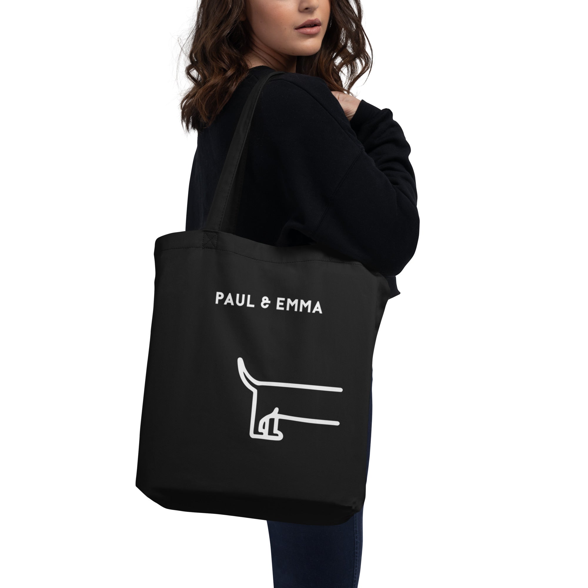 Schwarze Bio-Stofftasche mit weißem Dackel-Motiv und Paul Emma Logo - nachhaltige Hundetasche