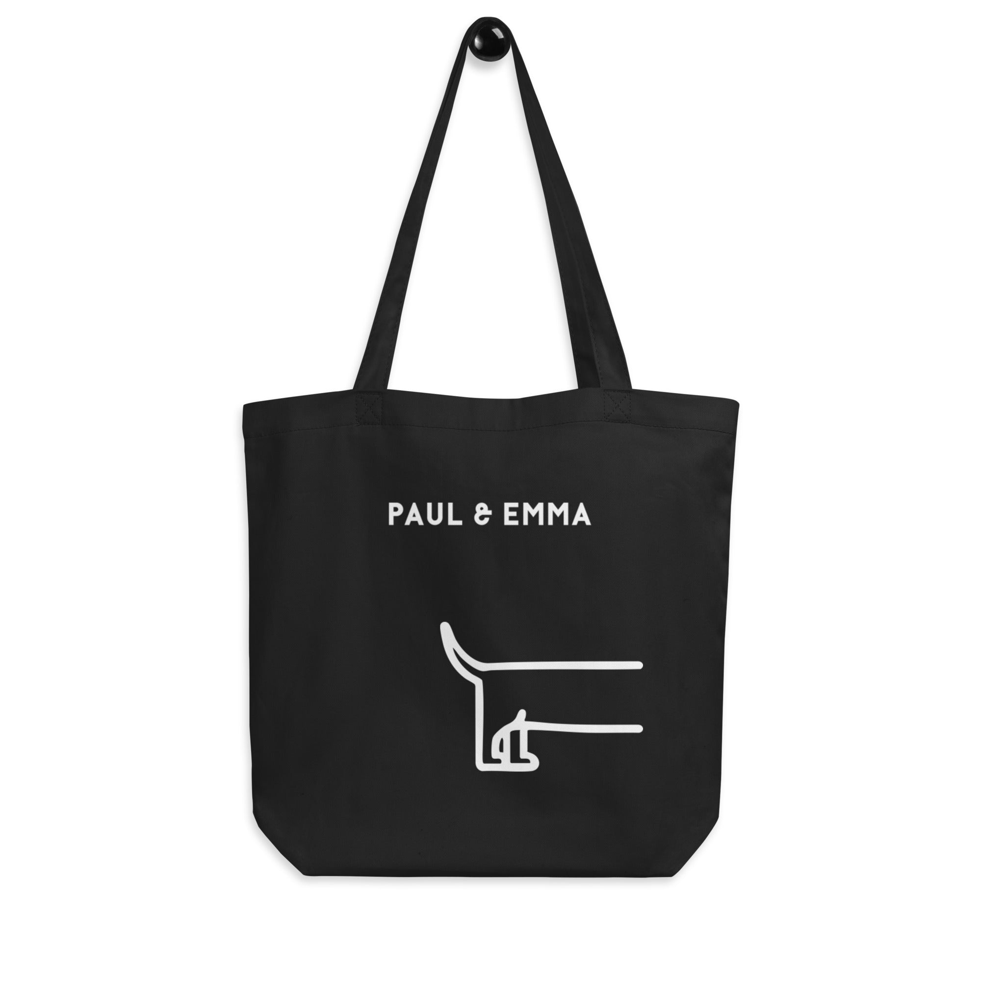 Schwarze Bio-Stofftasche mit weißem Dackel-Motiv und Paul Emma Logo - nachhaltige Hundetasche