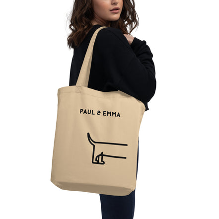 Beige Bio-Stofftasche mit schwarzem Dackel-Motiv und Paul Emma Logo - nachhaltige Hundetasche