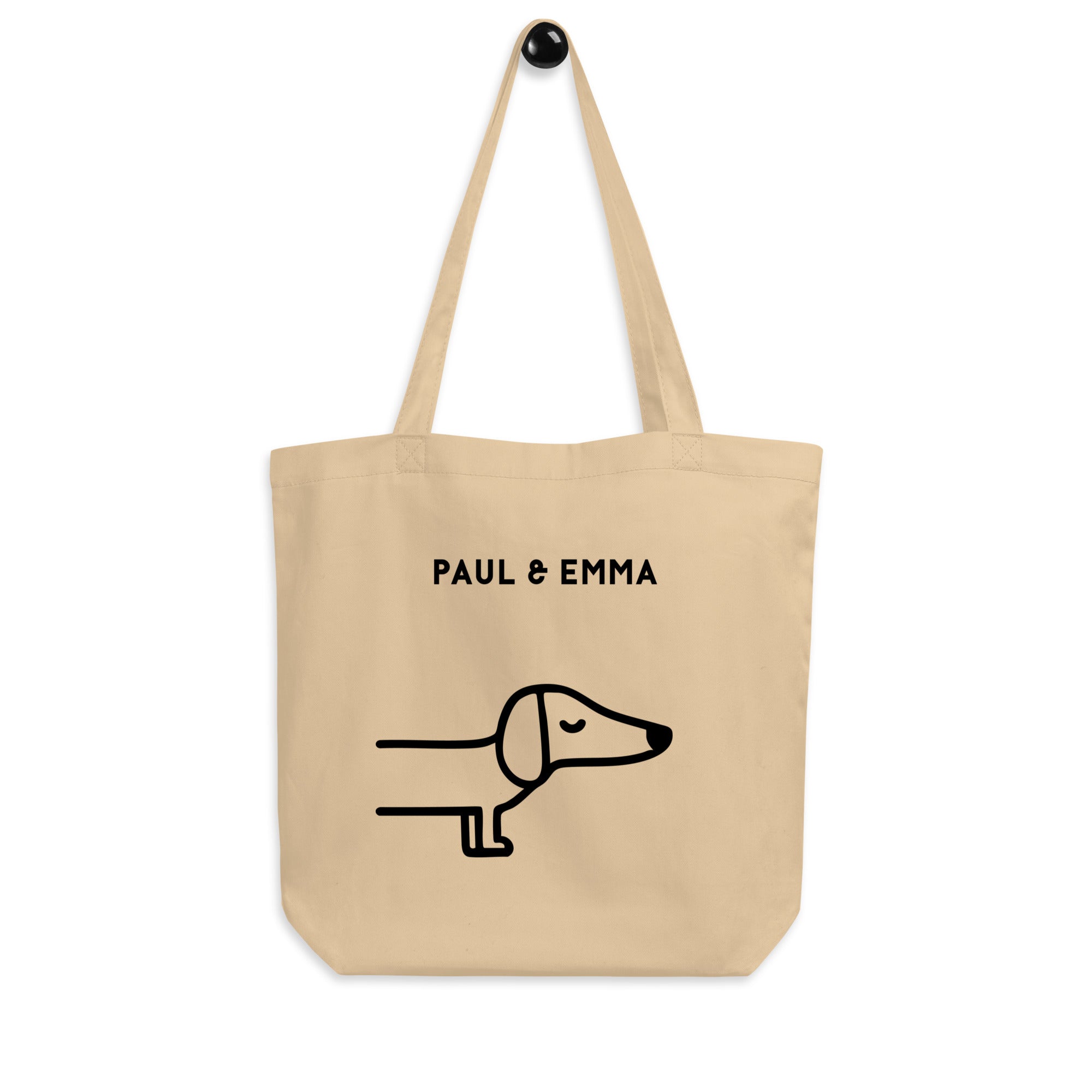 Beige Bio-Stofftasche mit schwarzem Dackel-Motiv und Paul Emma Logo - nachhaltige Hundetasche