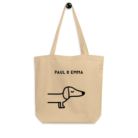 Beige Bio-Stofftasche mit schwarzem Dackel-Motiv und Paul Emma Logo - nachhaltige Hundetasche