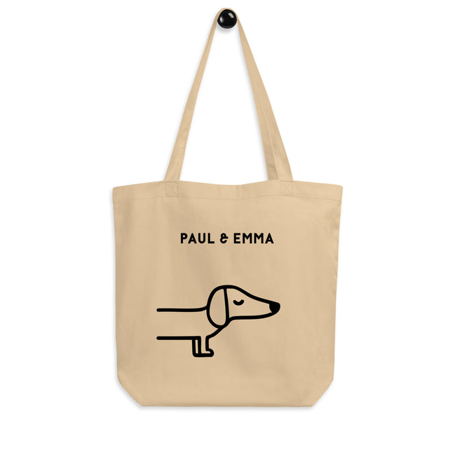 Beige Bio-Stofftasche mit schwarzem Dackel-Motiv und Paul Emma Logo - nachhaltige Hundetasche