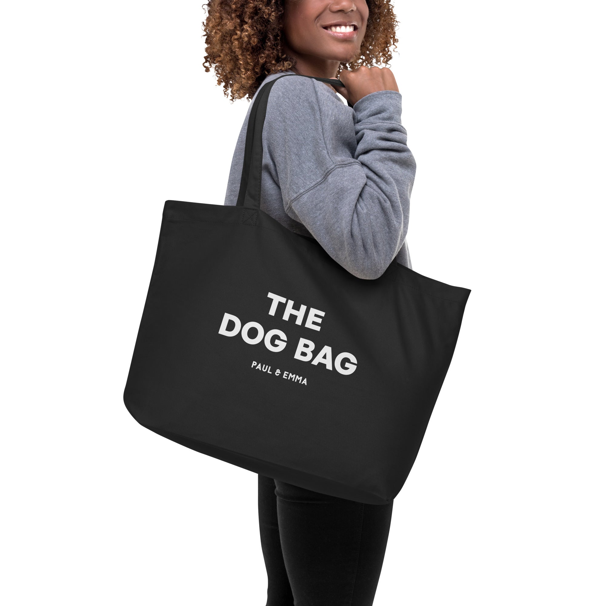 Schwarze Hundetasche aus Bio-Baumwolle mit weißem Paul Emma Logo - The Dog Bag für Hundebesitzer