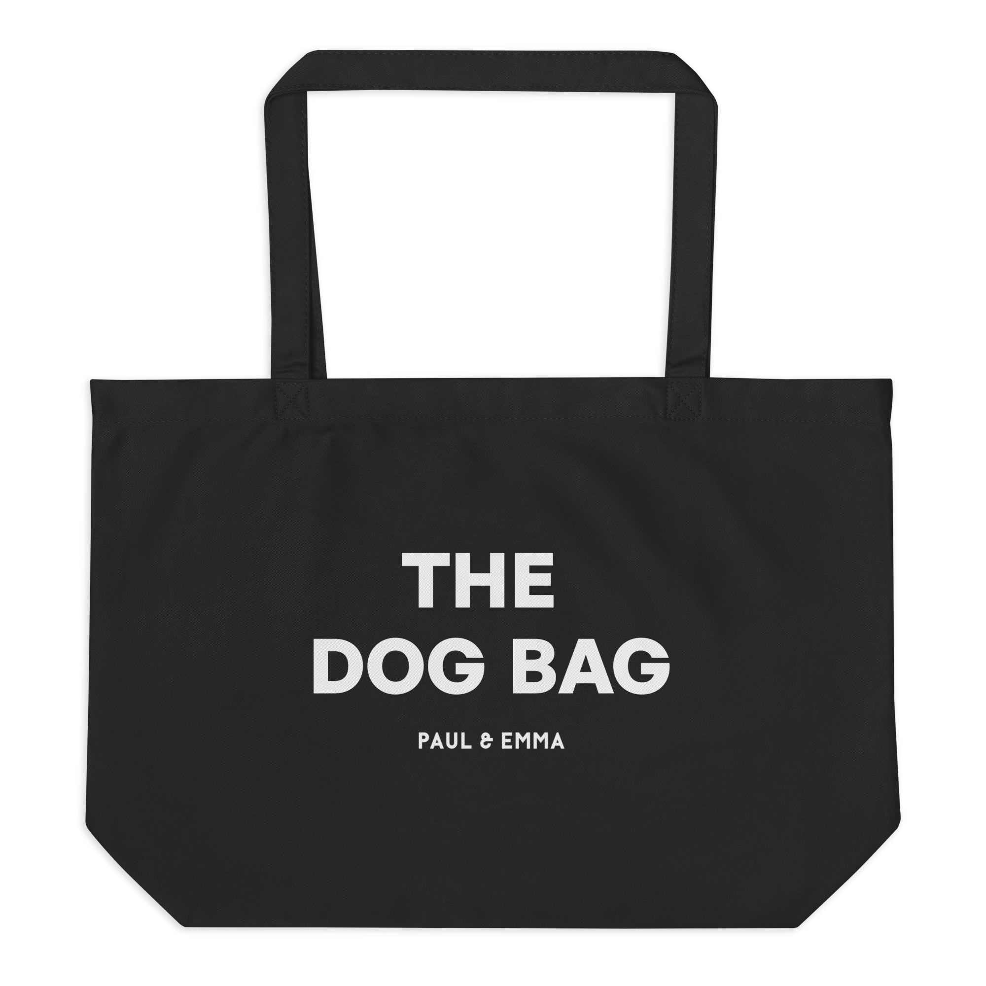 Schwarze Hundetasche aus Bio-Baumwolle mit weißem Paul Emma Logo - The Dog Bag für Hundebesitzer